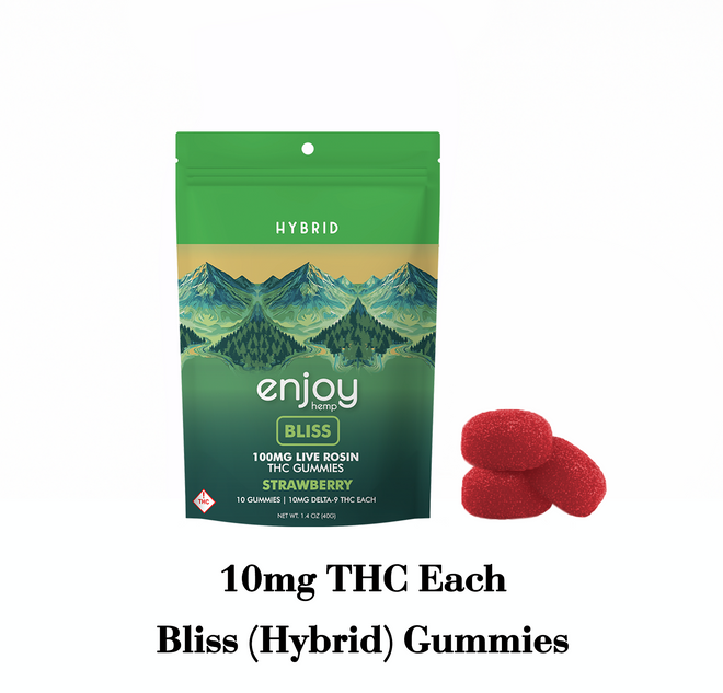 100mg Bliss Live Rosin Delta 9 THC Gummies 10mg each - Hybrid-Infused Strawberry