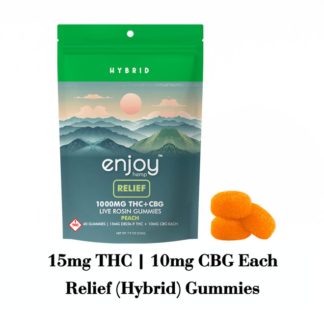 Enjoy Hemp Live Rosin Relief Delta 9 THC + CBG 1000mg Gummies (Hybrid-Infused Peach)  25mg each | 40 gummies